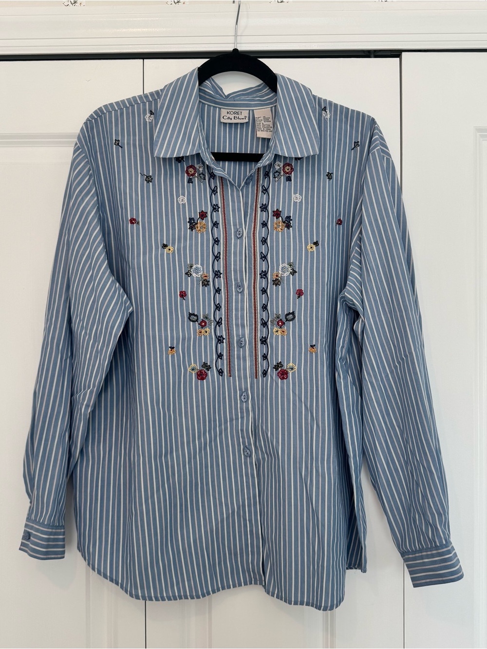 Vintage Koret City Blues Striped Embroidered Button Down Shirt size Large